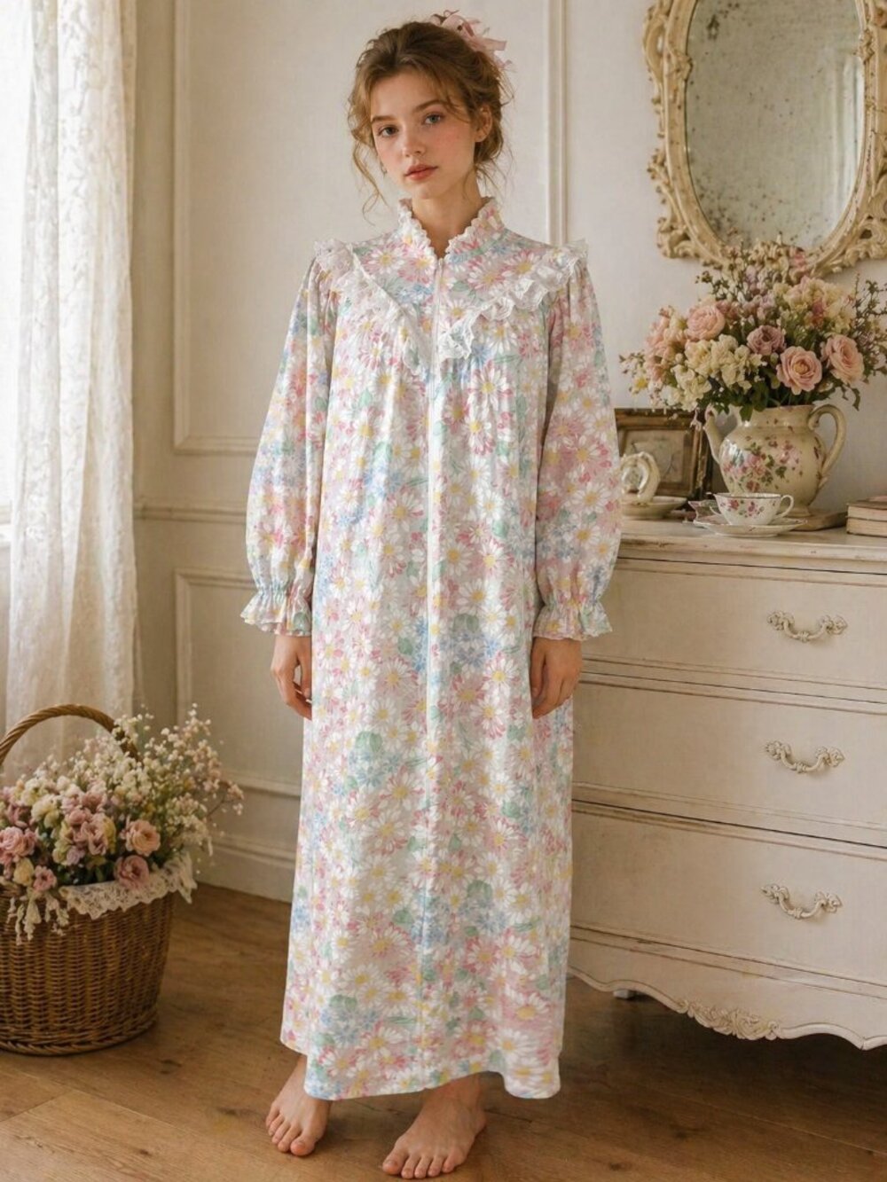 Vintage 80s Daisy Floral Housecoat Nightgown Dress Lace Ruffle Cottagecore M